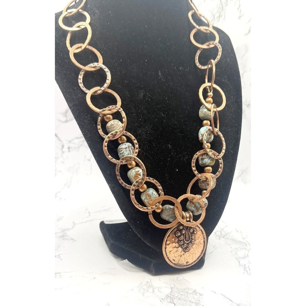 Copper Coin Pendant Necklace Turquoise Glass Beads Toggle Clasp Boho 18"
